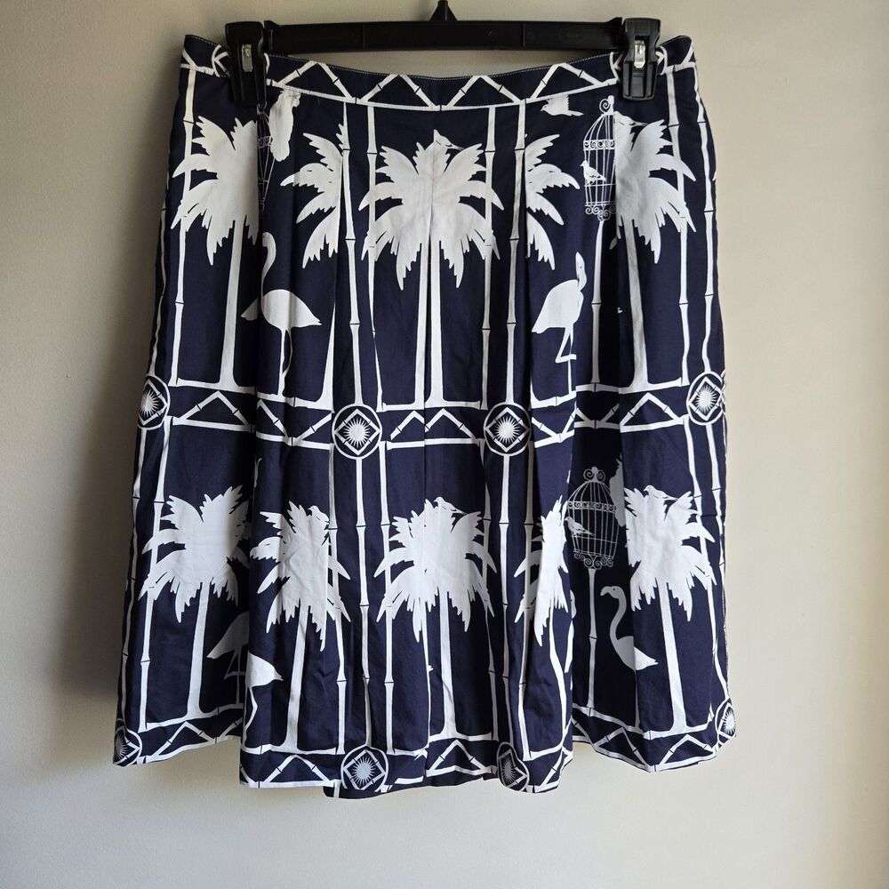 Talbots Size 12 Navy Pleat Palm Tree Flamingo Bird Cage Print Skirt Knee Length
